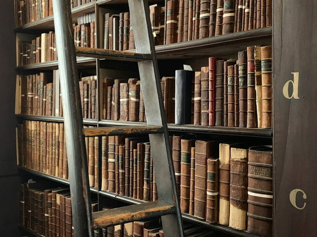 Tall antique library shelves full of books