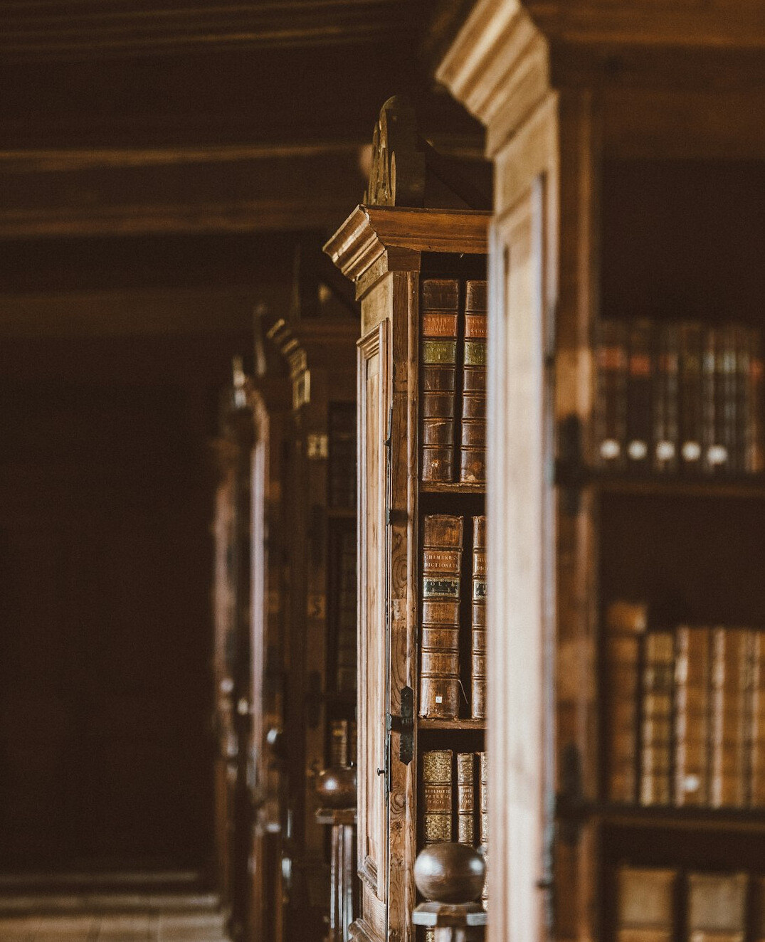 Interior of an old library with tall wooden shelves